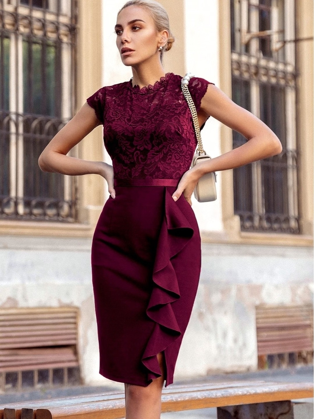 Miusol Burgundy Lace Ruffle Sheath Midi Dress